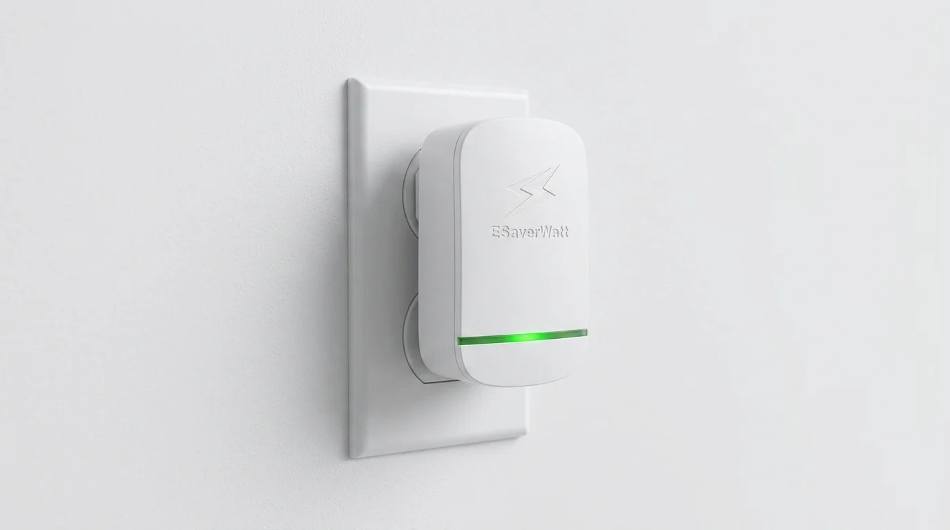 ESaverWatt plug-in electricity saving box in wall outlet with green LED indicator