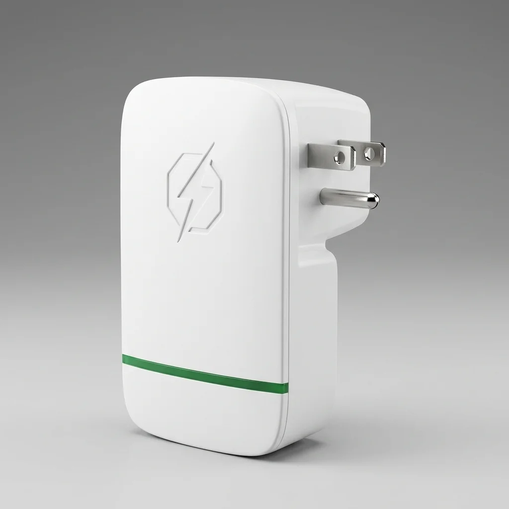 Alternate studio angle view of white ESaverWatt plug-in device